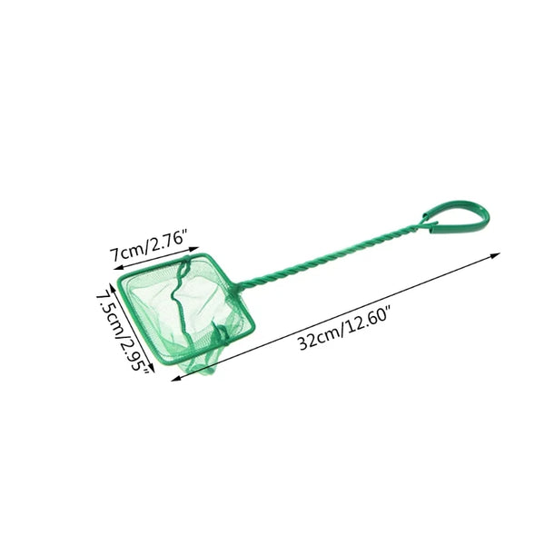 Green fine mesh aquarium fish net with a comfort handle, measuring 7cm wide and 32cm long.