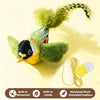 A plush toy resembling a bird with green and yellow feathers is shown next to an elastic rope.