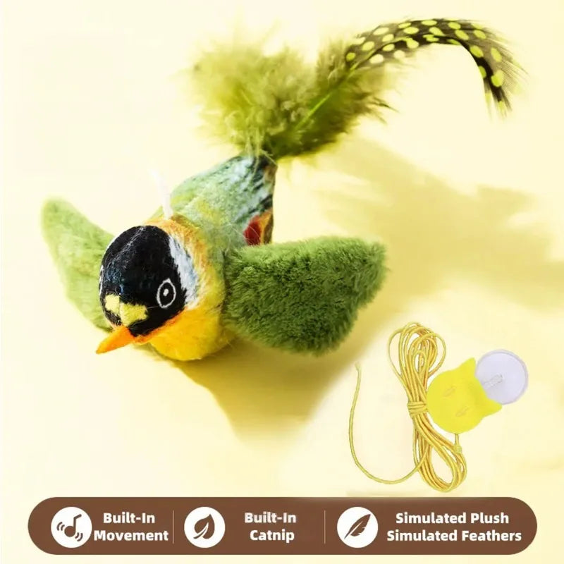 A plush toy resembling a bird with green and yellow feathers is shown next to an elastic rope.