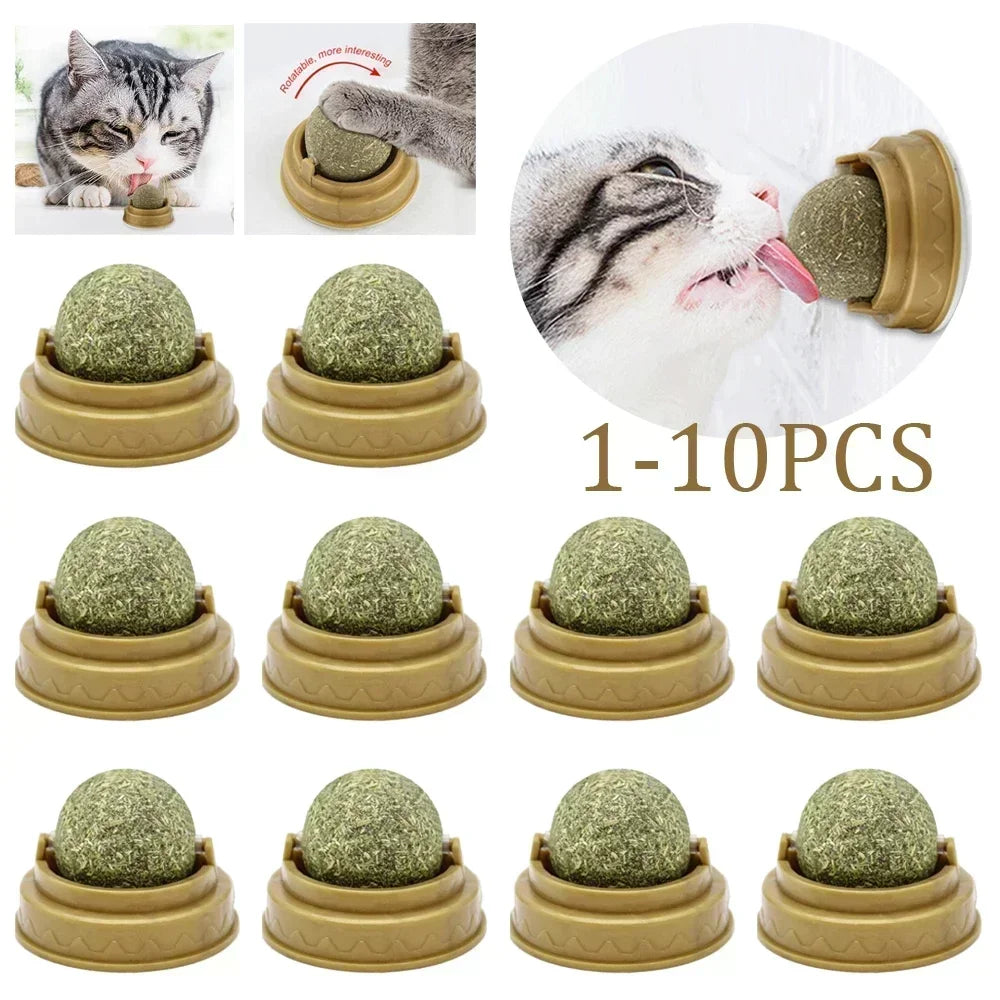 Un ensemble de balles de jeu à la menthe pour chat (1 à 10) dans différentes nuances de vert, présentées sur des bases en boi