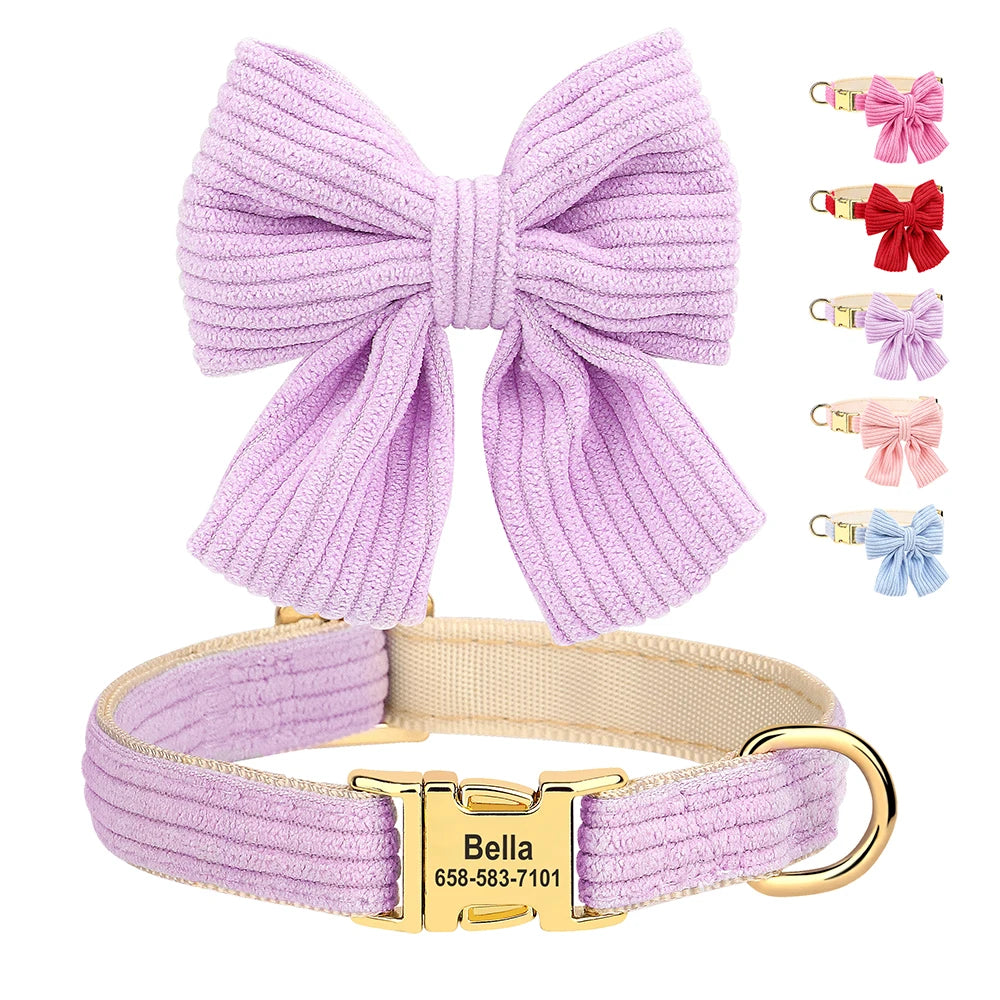 Purple velvet dog collar with a large bow knot and matching accessories