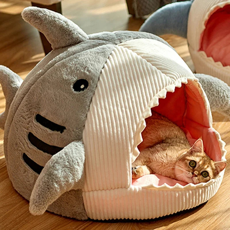Cartoon Shark Pet Cave Bed for Cats and Small Dogs
