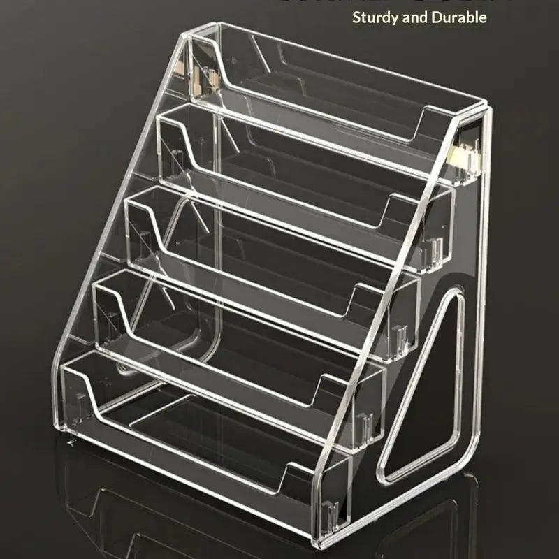 Clear Acrylic Display Stand with Slanted Tiers for Business Cards, Brochures & Cosmetics