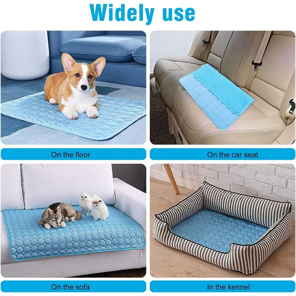 Divers usages d'un tapis de refroidissement auto pour animaux, sur le sol, les sièges de voiture, le canapé et dans un enclos