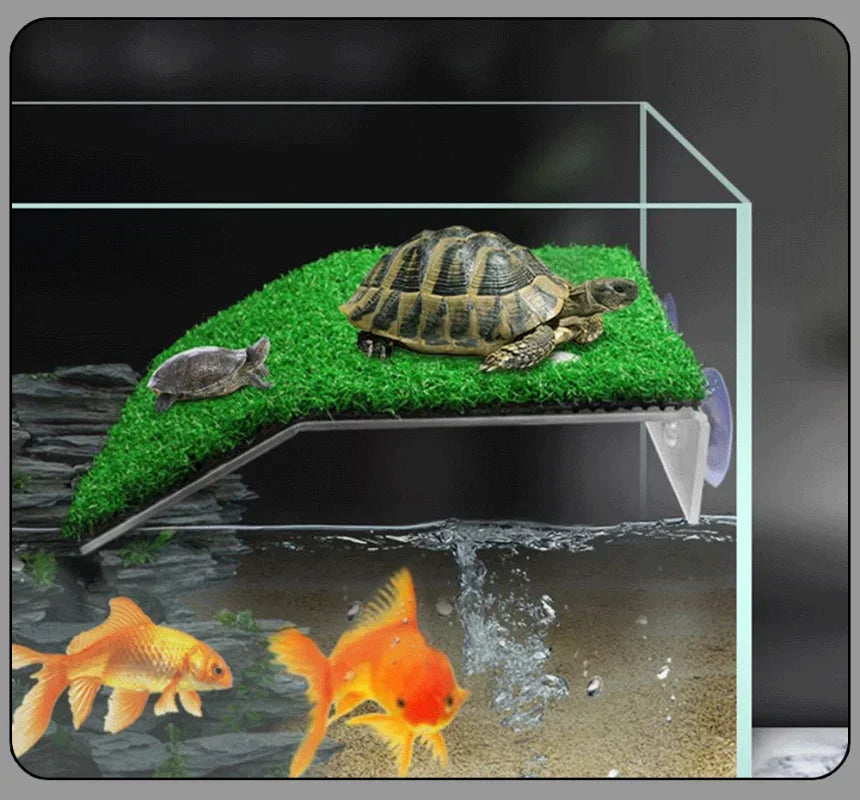 Aquatic turtle basking platform featuring a green mossy surface and suction cups for aquatic animals.