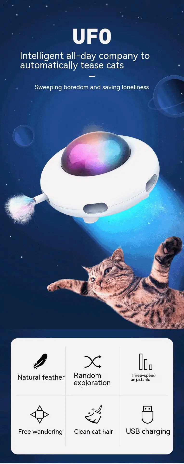 Weißes UFO-förmiges Katzenspielzeug mit Feder über einer tabby-Katze.