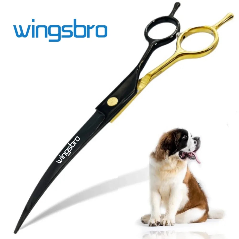 A pair of black and gold professional curved pet grooming scissors shown next to a dog.