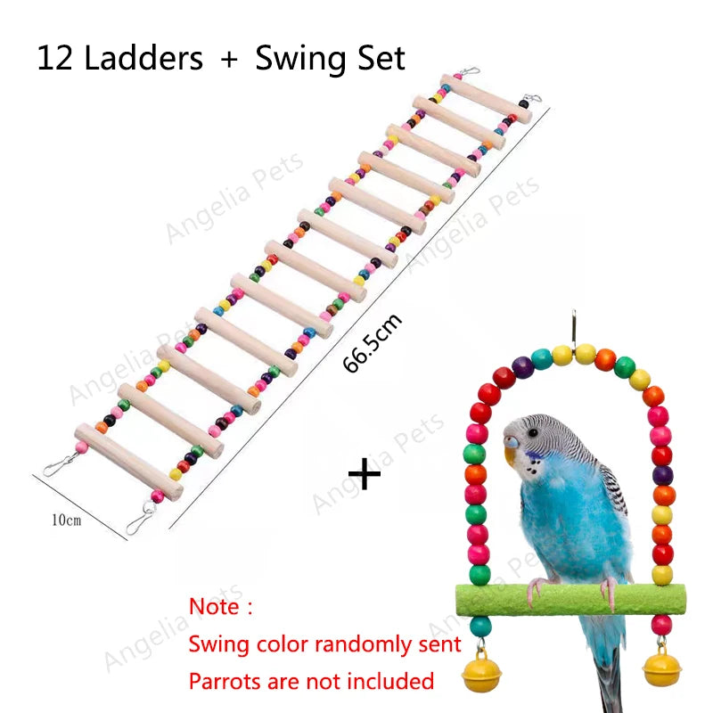 A long wooden climbing ladder and swing set for parrots with colorful balls