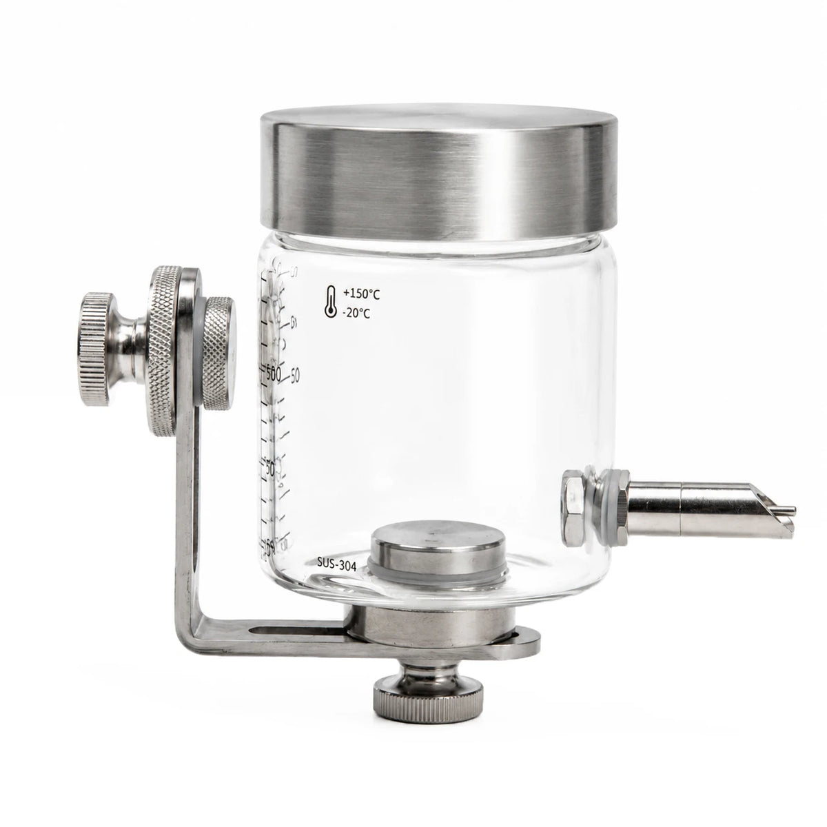 A magnetic glass and stainless steel bird water dispenser with a glass container and a metal spout.