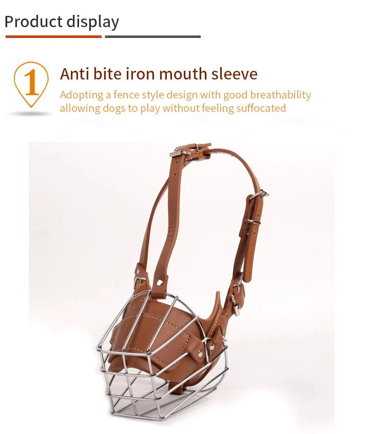 A brown leather dog muzzle with a metal frame is displayed against a white background.