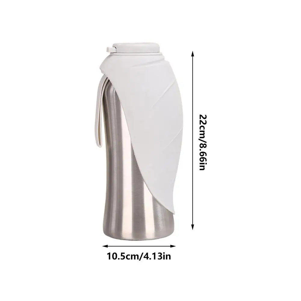 A silver portable leak-proof dog water bottle with a built-in bowl and a white protective cover.