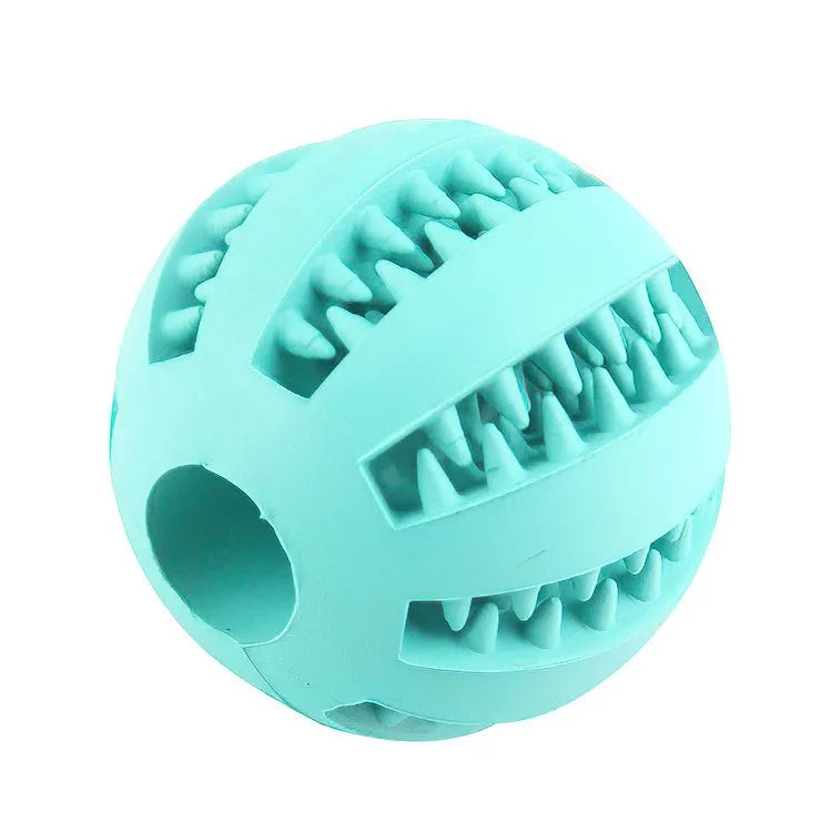 Helles blaues Gummi-Kau-Spielball mit strukturierten, gezahnten Oberflächen für Hunde.