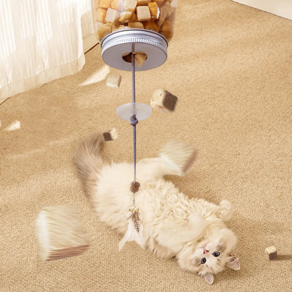 Ein flauschiger weißer Kater interagiert mit einem interaktiven Spielzeug, das Leckereien und Federn auf einem beigen Teppich