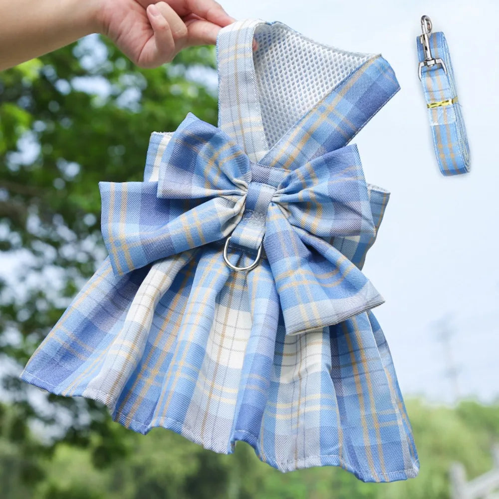 A blue and white plaid reusable dog harness dress being held by a hand outdoors.