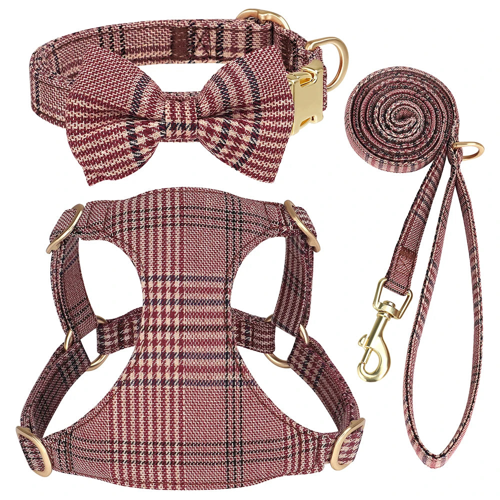Classic Plaid Dog Collar, Harness & Leash Set with Bowtie