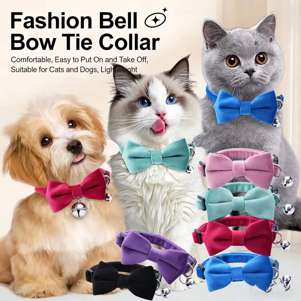A collection of adjustable breakaway cat collars featuring bow ties in various colors like blue, pink, green, and red.