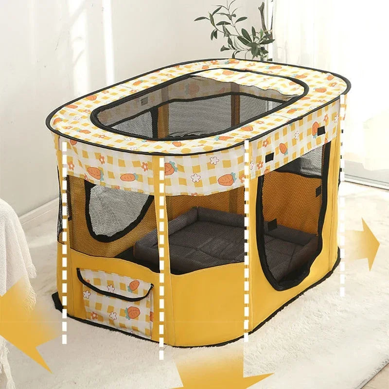 Jaula plegable de juego para mascotas amarilla y blanca con malla, para uso interior o exterior.