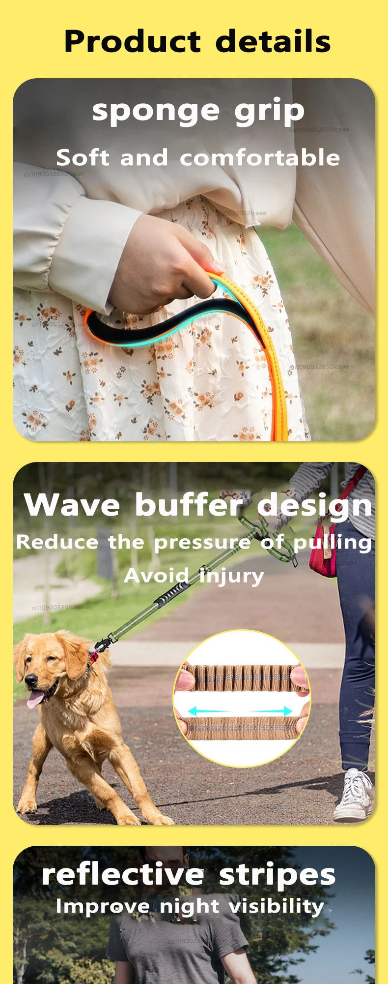 Reflective Bungee Dog Leash with Car Seatbelt Attachment for Large Dogs