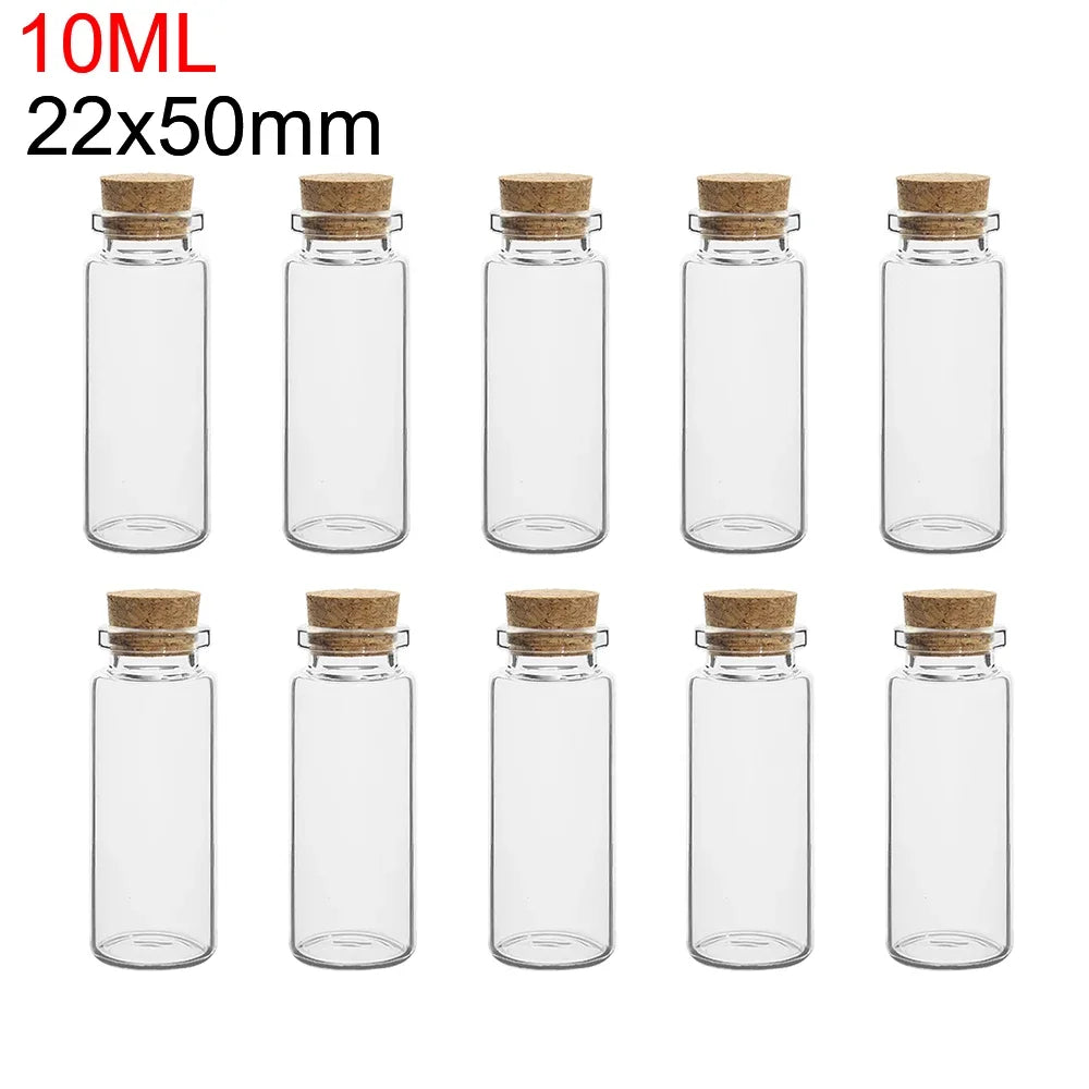 A set of ten mini glass bottles with cork stoppers, measuring 10ml and 22x50mm.