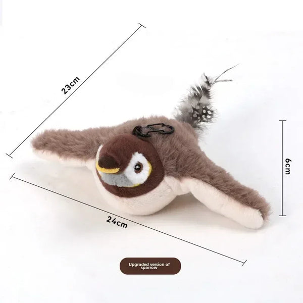 A plush toy resembling a sparrow with realistic features and flapping wings.