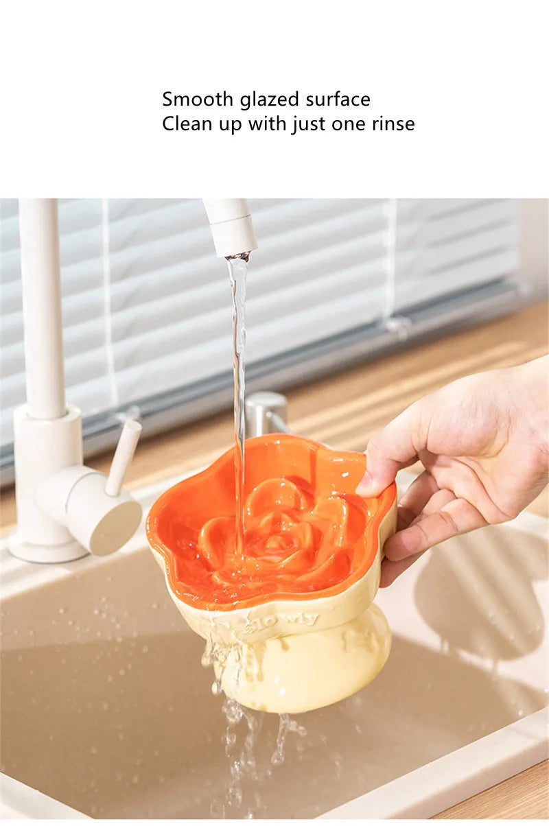 Elevated Ceramic Slow Feeder Bowl for Cats and Small Dogs