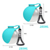 A turquoise and silver portable stainless steel dog water bottle with a built-in bowl and carrying strap.