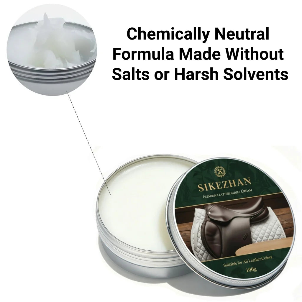 Frasco de crema de silla de montar de cuero premium Sikezhan con tapa, mostrando un producto blanco cremoso.