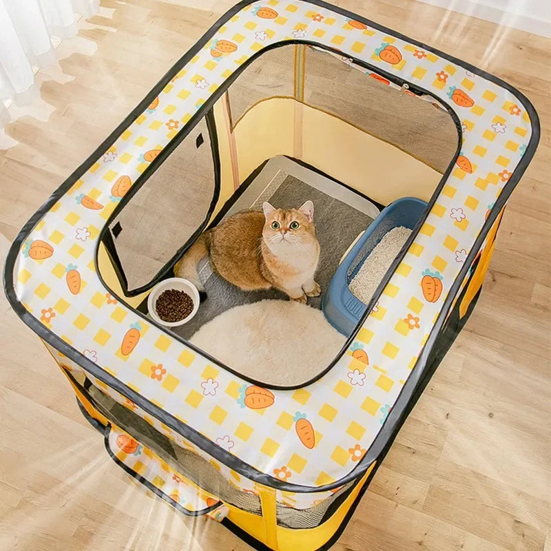 A folding cozy cat tent bed with a yellow and orange patterned fabric and a plush mat inside.
