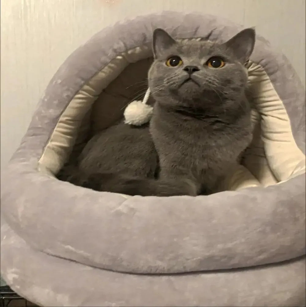 A gray cat is relaxing inside a plush, oval-shaped cat nest bed with a hood.