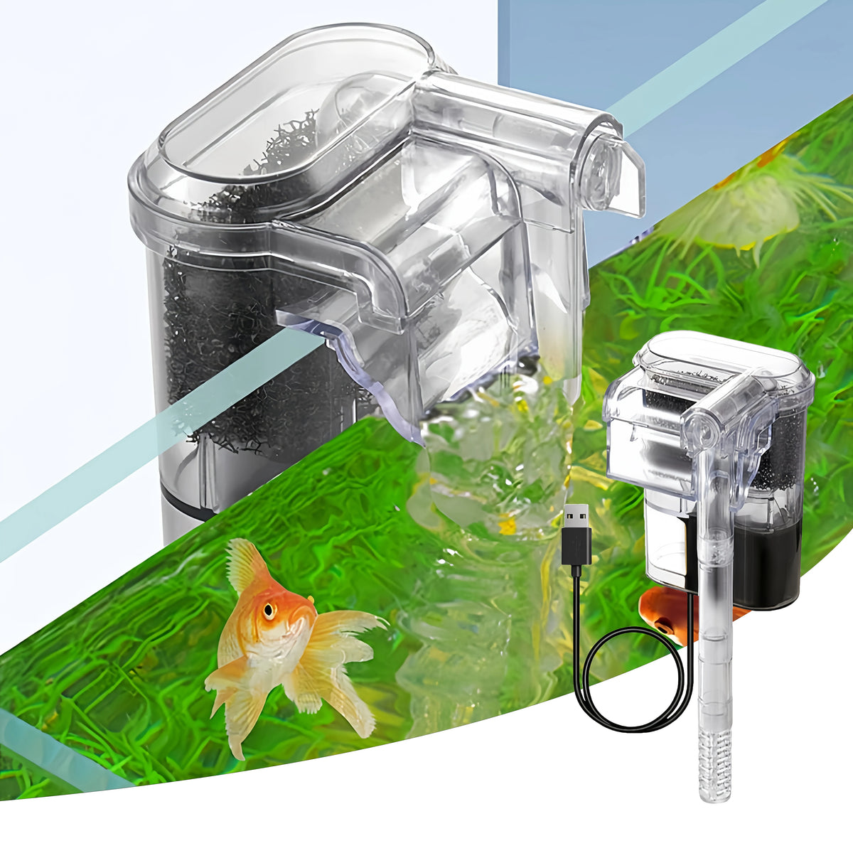 A clear USB-powered mini aquarium filter is shown filtering water in a green plant environment.