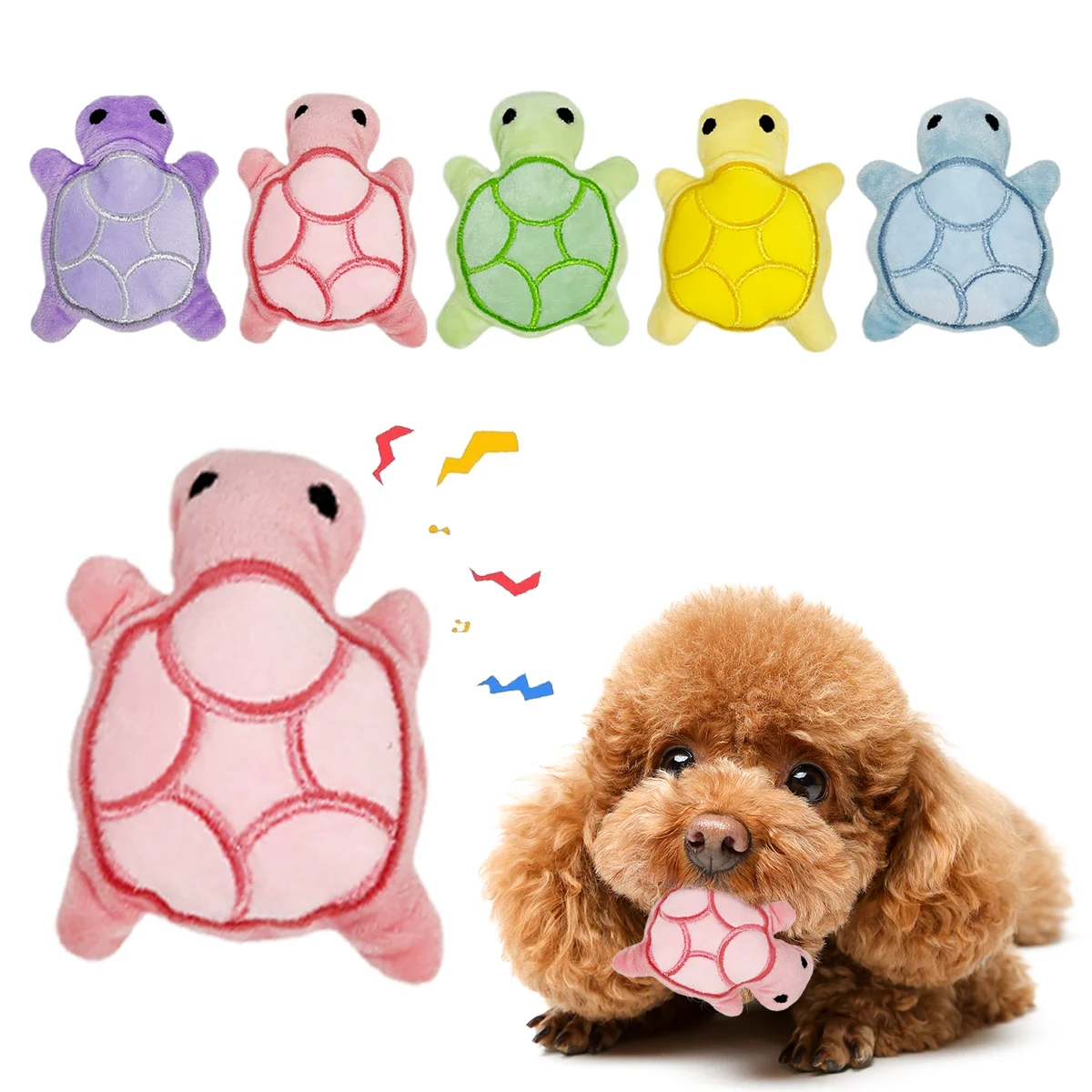 Eine Sammlung farbenfroher Mini-Schildkröten-Hund-Plüschspielzeuge und ein flauschiger brauner Hund.