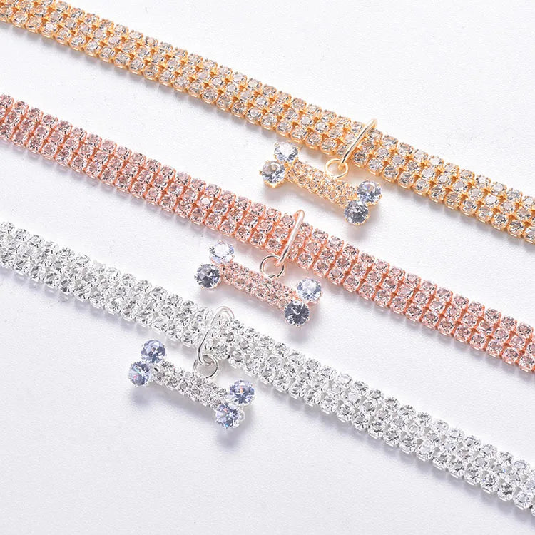 Crystal Rhinestone Dog Collar with Bone Pendant