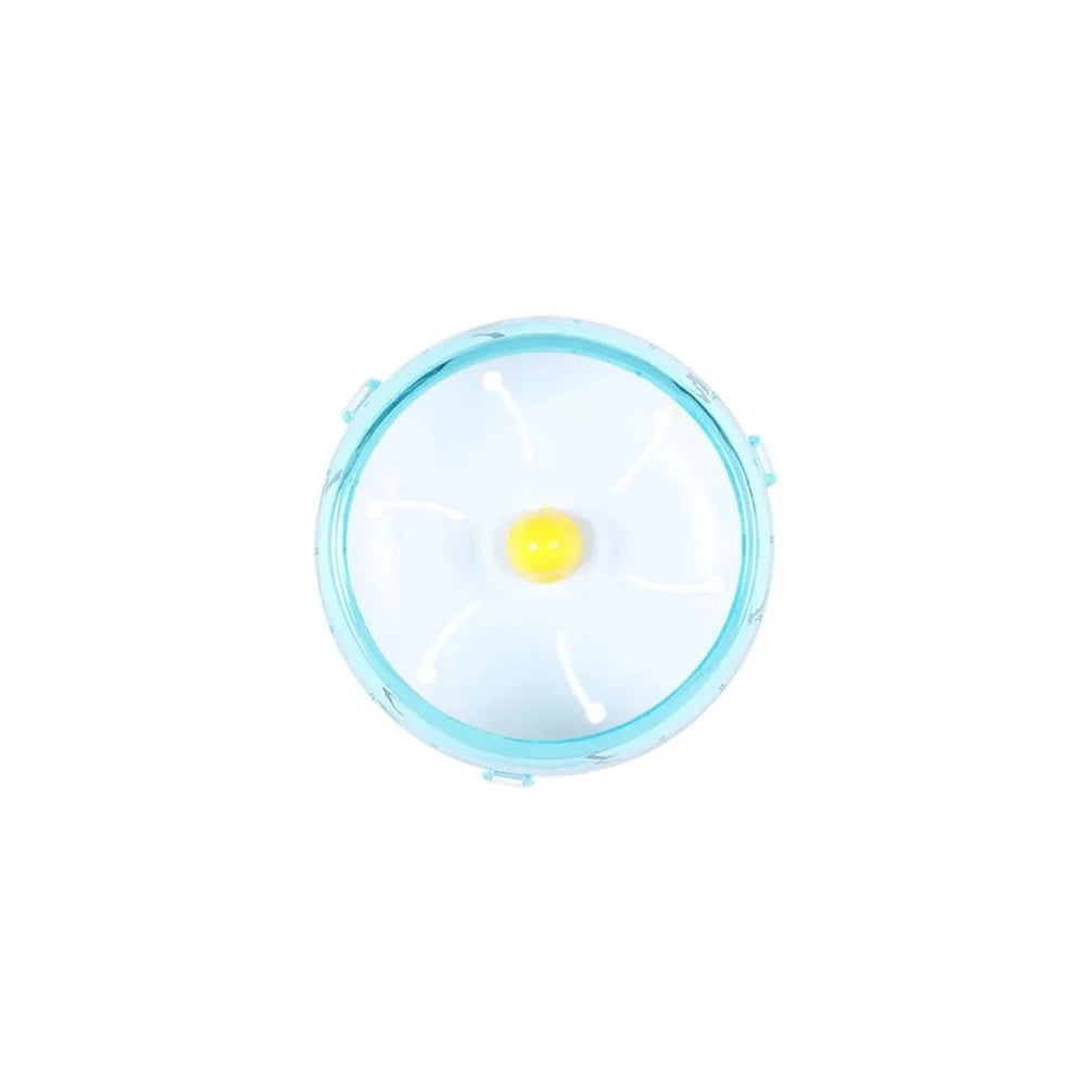Disque de hamster en acrylique transparent avec un centre blanc et une bordure bleu clair.
