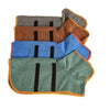 A stack of four quick-dry absorbent pet bathrobes for dogs and cats in shades of gray, brown, blue, and green.