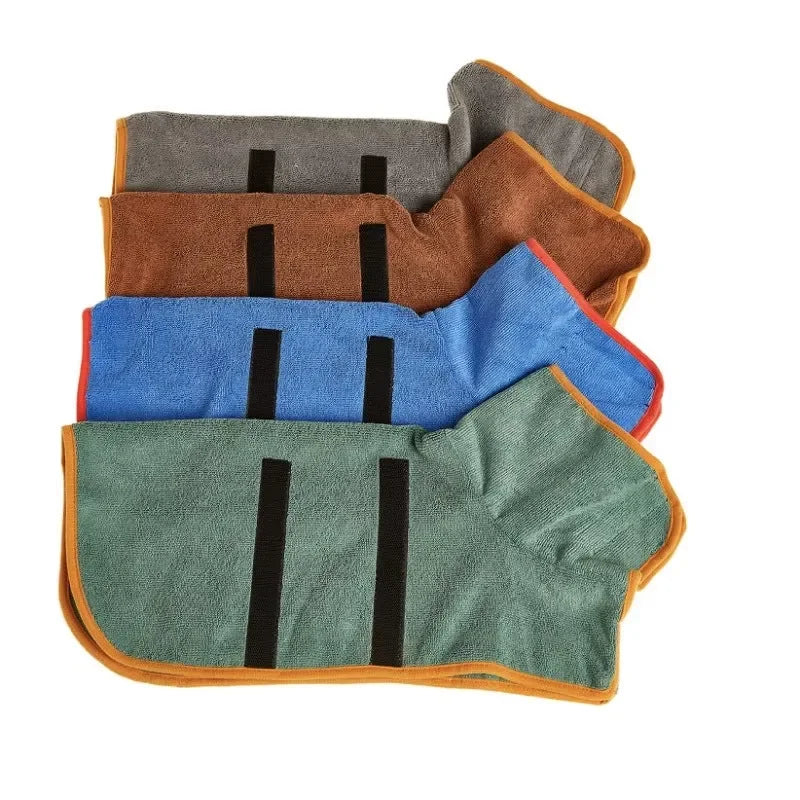 A stack of four quick-dry absorbent pet bathrobes for dogs and cats in shades of gray, brown, blue, and green.