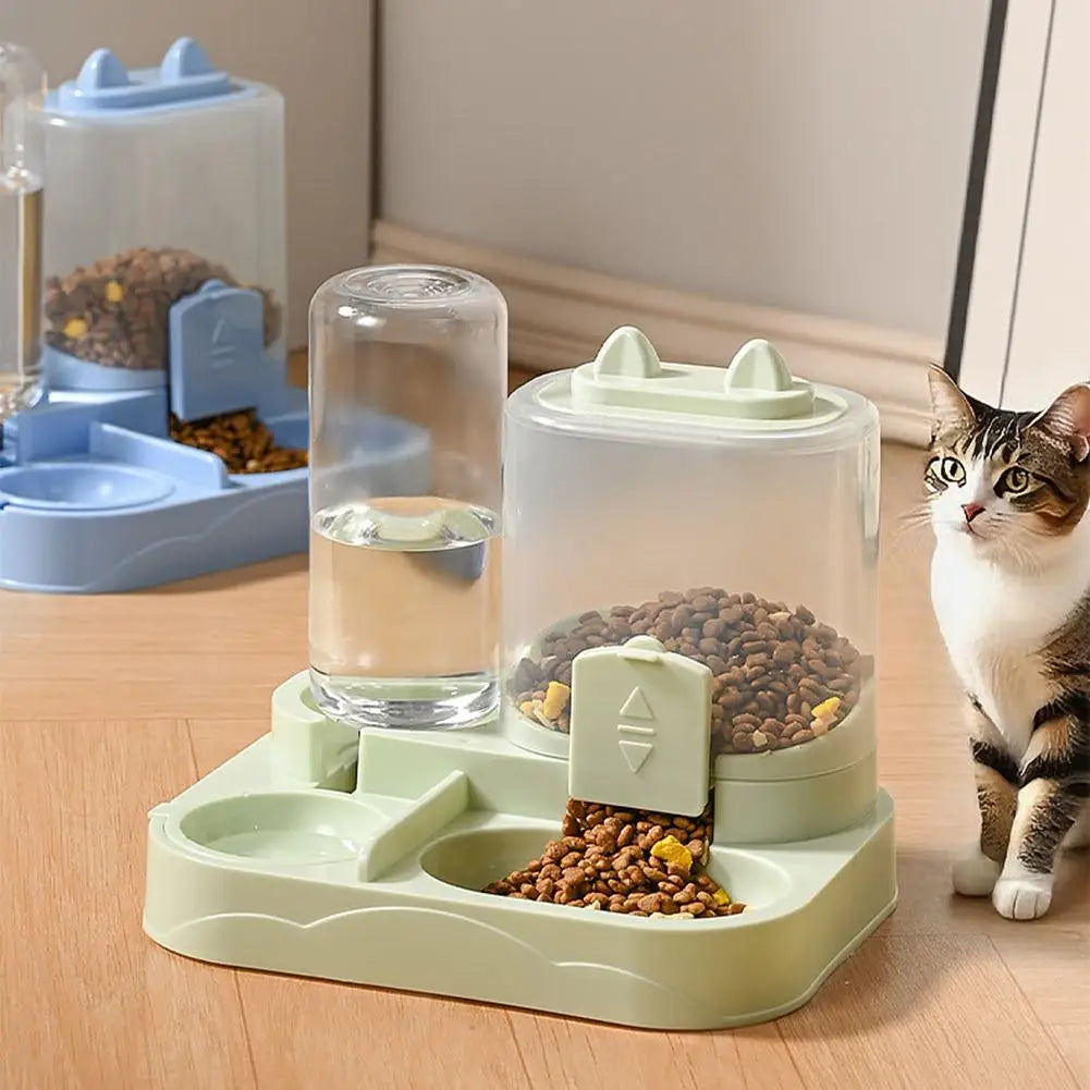 A gravity-fed pet food dispenser with a water bowl for cats and small dogs, featuring separate compartments for food and wate