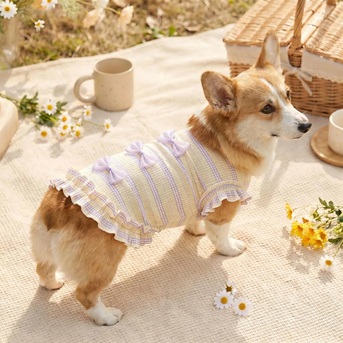Striped Mesh Dog Outfit with Bow and Ruffles for Small to Medium Breeds