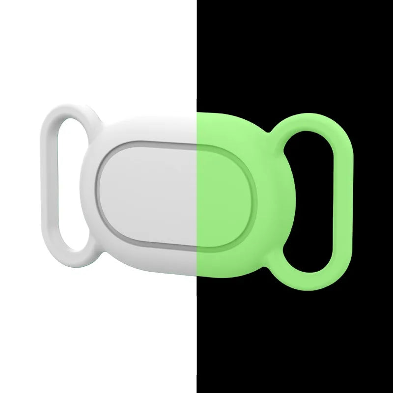 A silicone protective case for a pet tracker with a collar mount, shown in white and lime green.