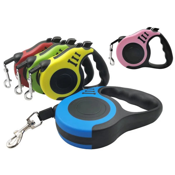 A collection of pink, red, and yellow retractable dog leashes with black grips shown against a white background.