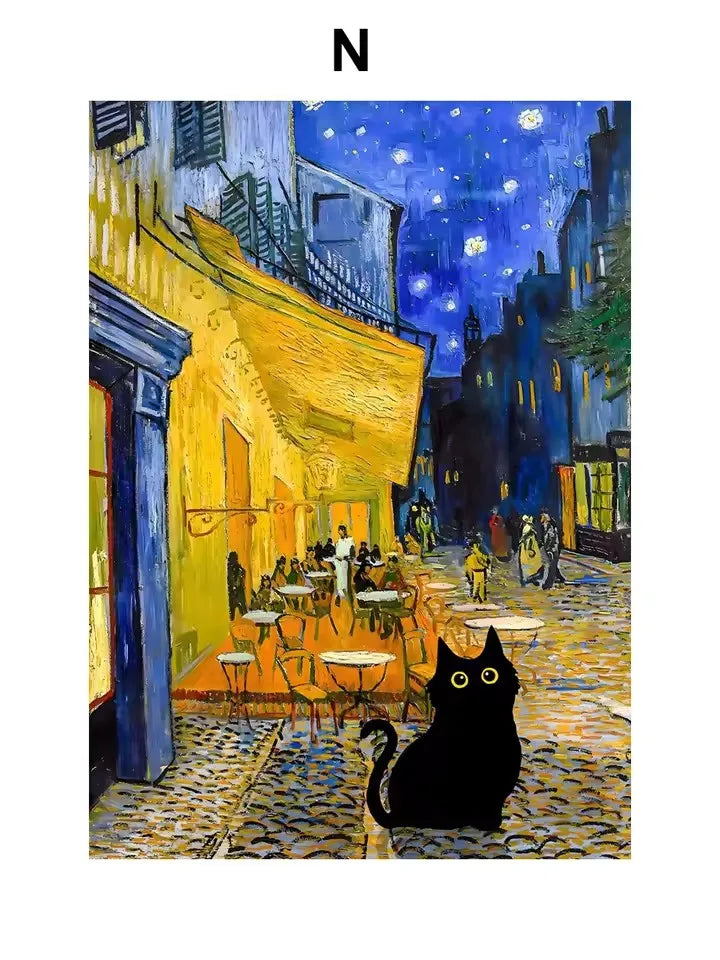A dark silhouette of a cat sits on a cobblestone street under a starry night sky in an old European alleyway.
