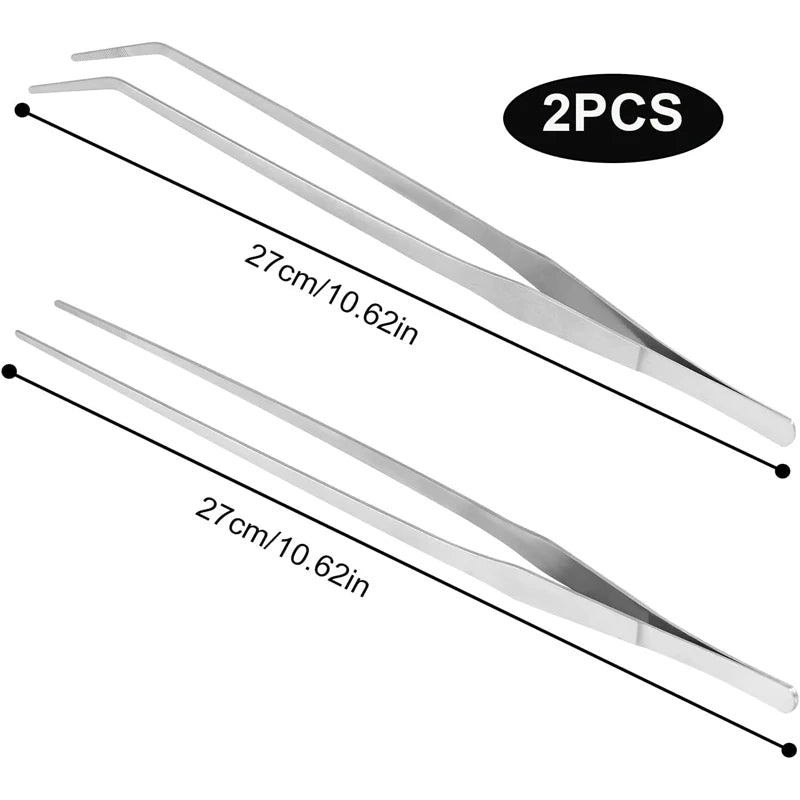 Un jeu de deux pinces pour aquarium en acier inoxydable, mesurant 27 cm chacune.