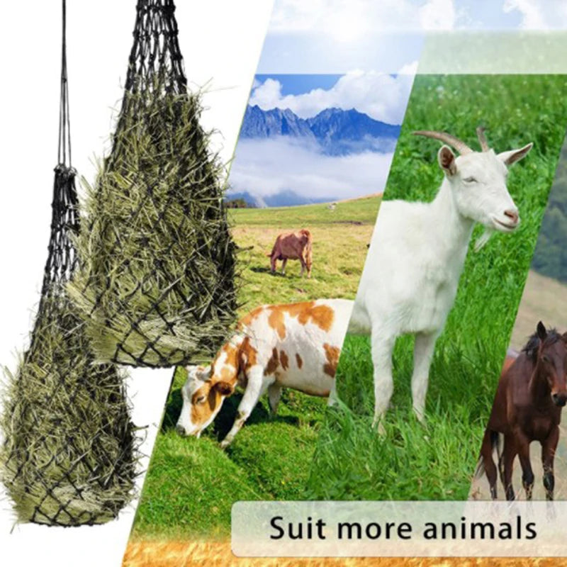 A slow-feed horse hay net is shown alongside various animals grazing in a green field.
