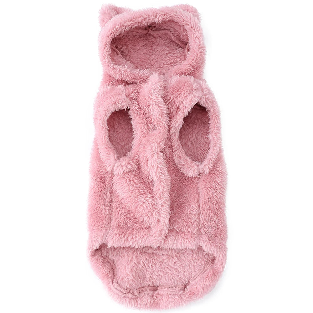 Manteau en peluche rose à capuche pour chien ou chat.