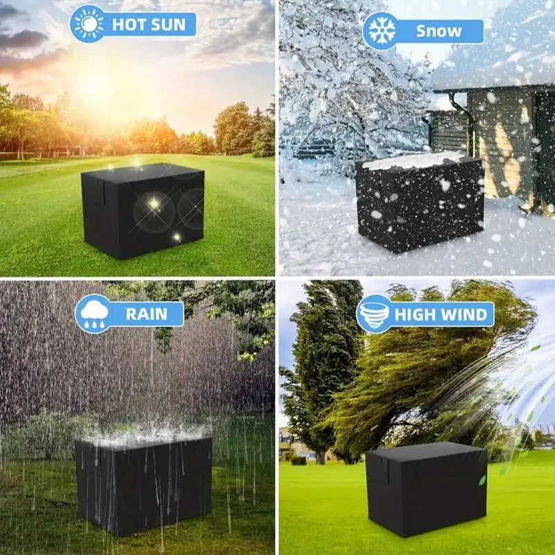 A black waterproof dog crate cover with mesh windows is shown in various weather conditions including hot sun, snow, and rain