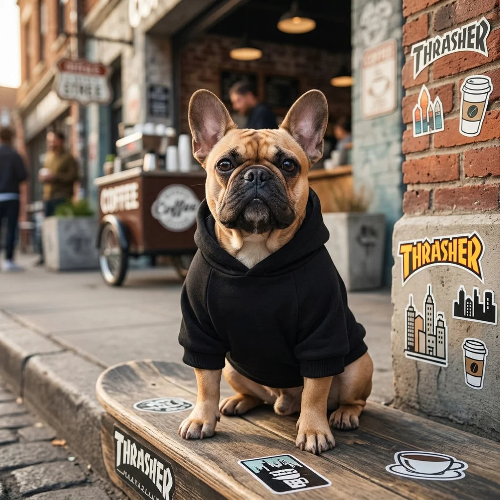 A fawn-colored French Bulldog wearing a black hoodie sits on a wooden surface in an outdoor setting.