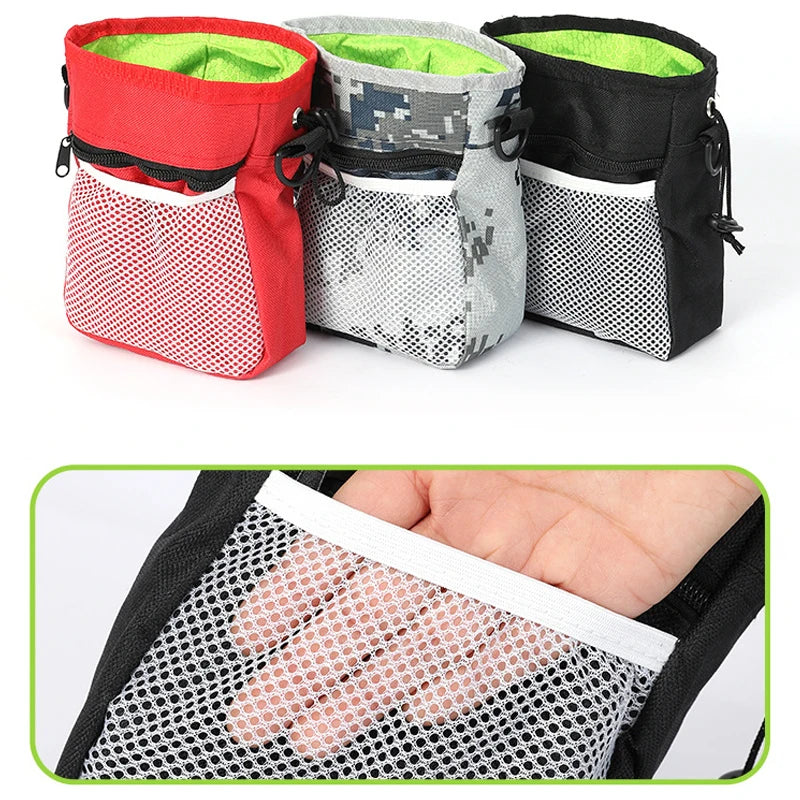 Three colorful durable pet training treat bags in red, gray, and black are shown alongside a close-up of a mesh bag for treat