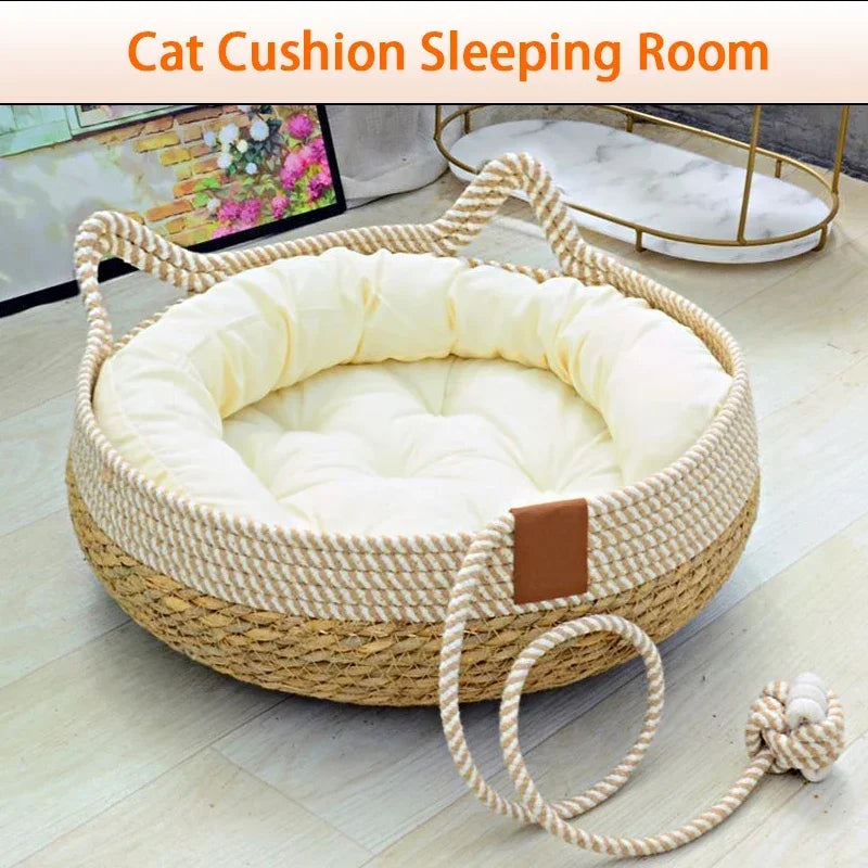 A woven rattan cat cushion sleeping room bed with a removable cream-colored cushion.