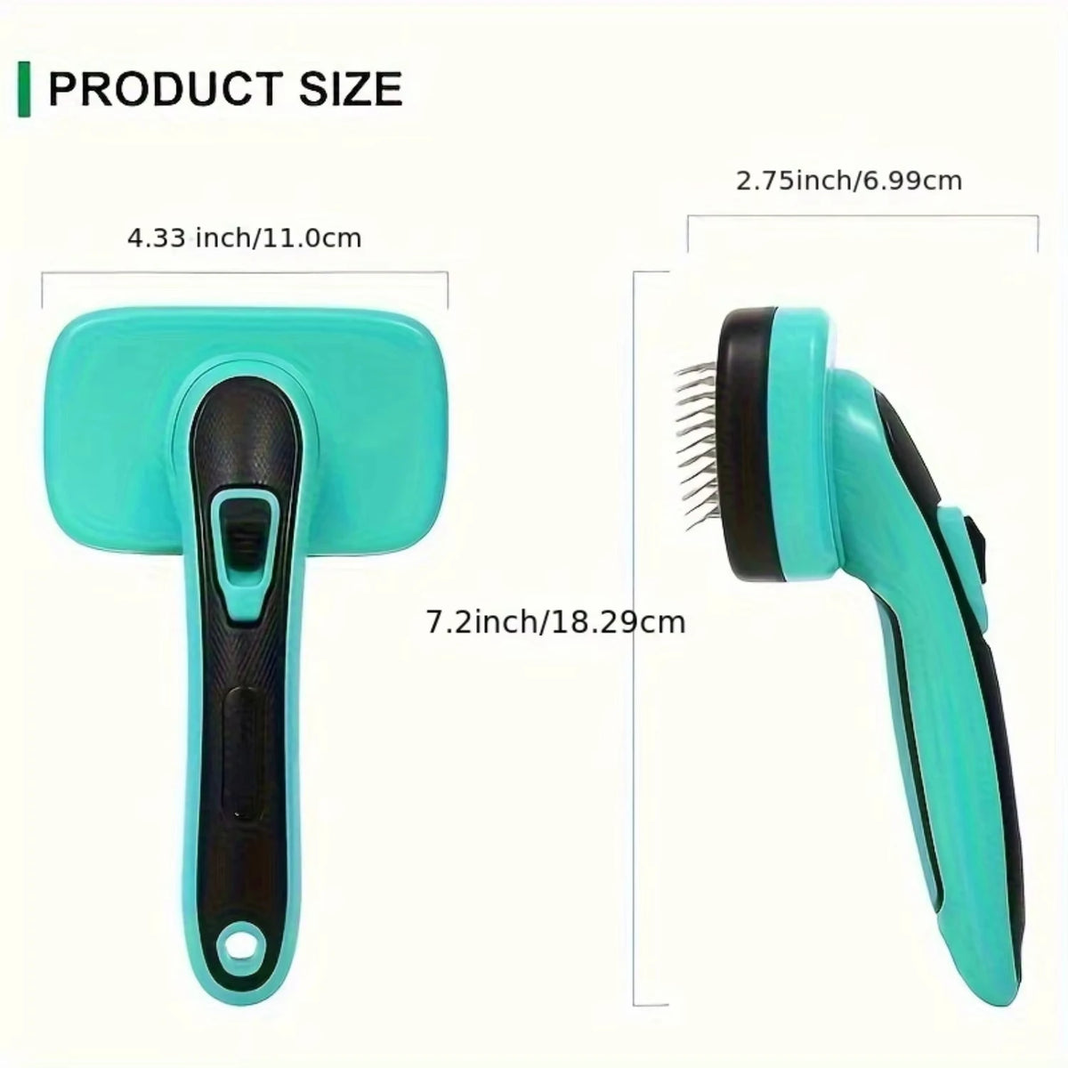 Brosse coulante turquoise pour chiens et chats, montrant sa taille sous deux angles.