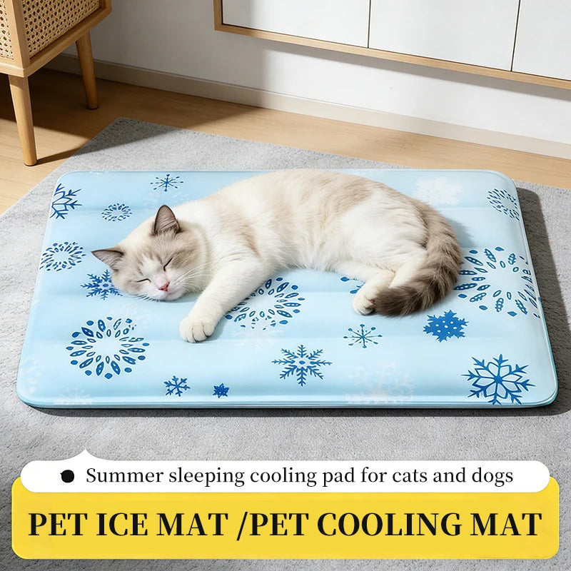 A light blue pet cooling mat with snowflake patterns lying on a gray rug.