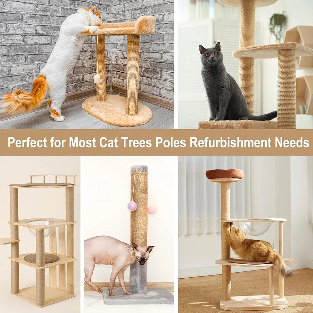 Replacement sisal scratch posts for cat trees and climbing frames shown in various contexts.